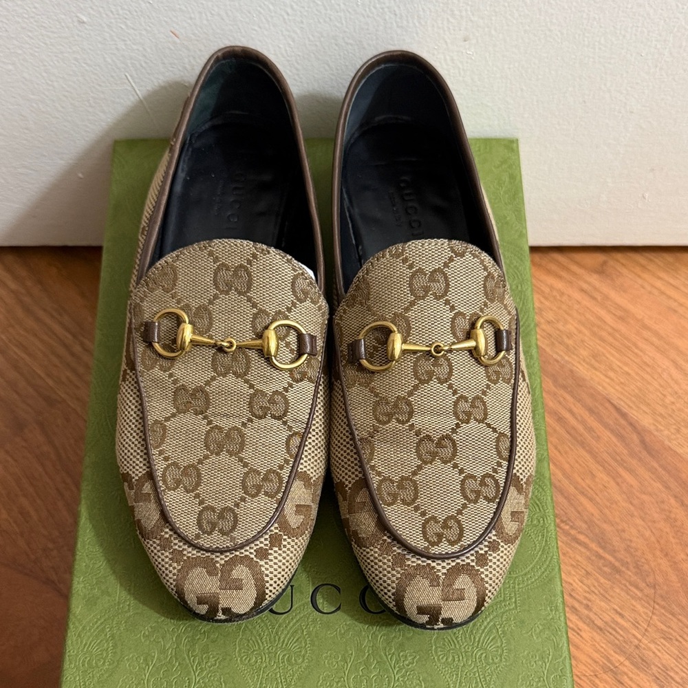 Gucci Beige GG Canvas Horsebit Loafers with Gold Hardware